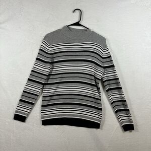 Karen Scott Women’s Medium Gray Black Striped Mock Neck Ribbed Cotton Sweater